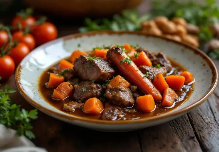 Un plat réconfortant de boeuf carottes mijoté, garni de persil frais. Les morceaux de viande tendres et les carottes orangées baignent dans une sauce brune savoureuse.