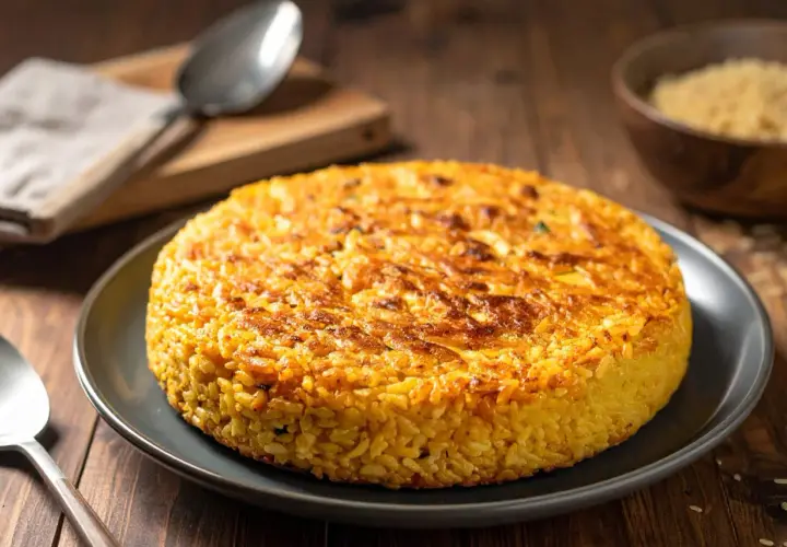 Un délicieux riso al salto, un gâteau de riz doré et croustillant, servi sur une assiette grise.