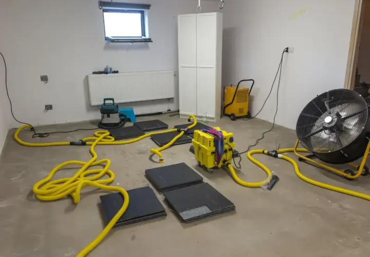 Gerät zur Trocknung eines **Wohnraums im Keller**: Bautrockner, Ventilator und Schläuche sind im Einsatz.