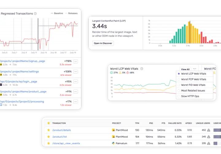 Tableau de bord de performance web, montrant une vue SQL des transactions les plus lentes et des métriques LCP.