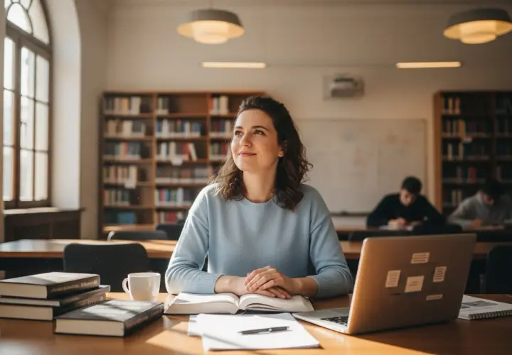 Kobieta zamyślona nad książkami, przygotowanie pedagogiczne studia podyplomowe. Na stole laptop, kubek kawy, stos książek.