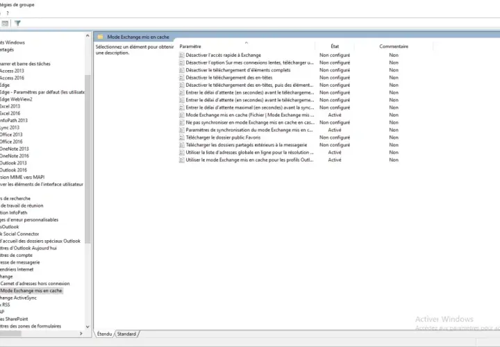 Éditeur de gestion des stratégies de groupe : Paramètres de compte > Exchange > Mode Exchange mis en cache. Les options de synchronisation sont actives ou non configurées.