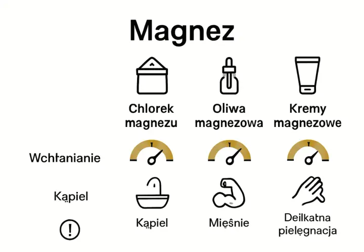 Płatki magnezowe zastosowanie: chlorek magnezu do kąpieli, oliwa magnezowa do mięśni, kremy magnezowe do pielęgnacji.