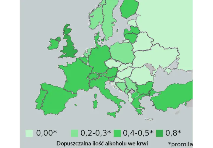 Mapa Europy z zaznaczonymi dopuszczalnymi limitami alkoholu we krwi. Różne odcienie zieleni pokazują kraje z różnymi dopuszczalnymi stężeniami promila.