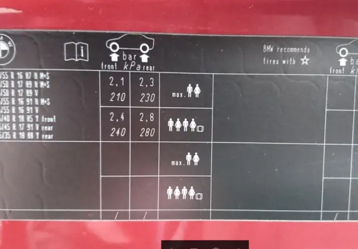 Naklejka BMW z danymi o ciśnieniu w oponach. Znajdziesz tu zamienniki opon i zalecane ciśnienie dla różnych rozmiarów.
