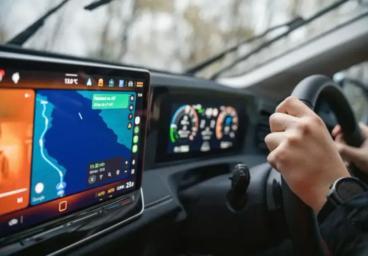 Vue du tableau de bord d'un camping-car avec GPS indiquant la route. Un avis GPS camping car pour un trajet de 42 km.