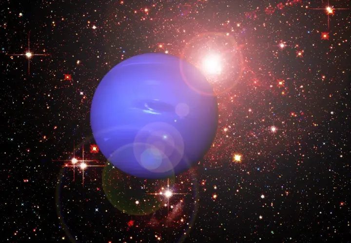 Niebieski Neptun w kosmicznej głębi, otoczony gwiazdami i mgławicami. Symbolizuje tajemnice i transformacje, jakby Neptun w 8 domu odkrywał ukryte prawdy.
