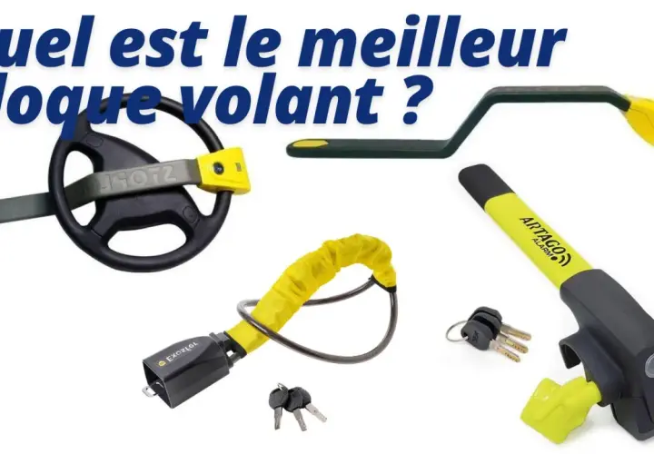Comparatif d'antivols pour camping-car : un modèle universel, un antivol de volant, une chaîne jaune et un modèle avec alarme.