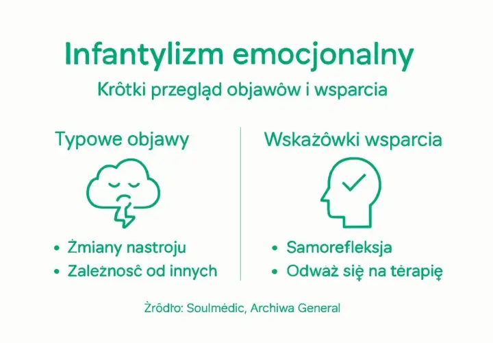 Infantylizm emocjonalny: objawy jak u dziecka u dorosłego (zmiany nastroju, zależność) i wskazówki wsparcia (samorefleksja, terapia).