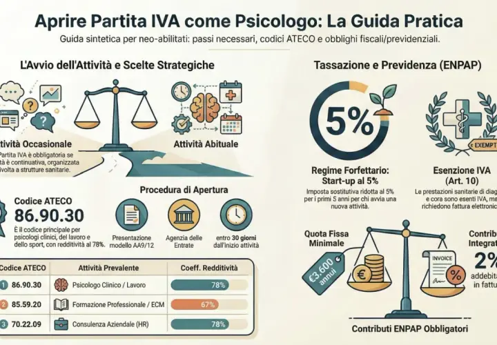 Guida per aprire Partita IVA come psicologo: codici ATECO, tassazione, esenzioni e contributi. Il counselor può aprire uno studio con il codice 86.90.30.