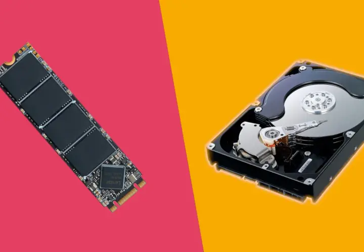 Vergleich von Datensicherung: Eine schnelle SSD auf rotem Hintergrund neben einer klassischen HDD auf gelbem Hintergrund.