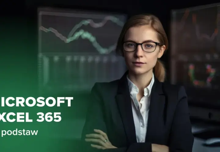 Kobieta w okularach i garniturze, na tle wykresów. Kurs Microsoft Excel 365 od podstaw.