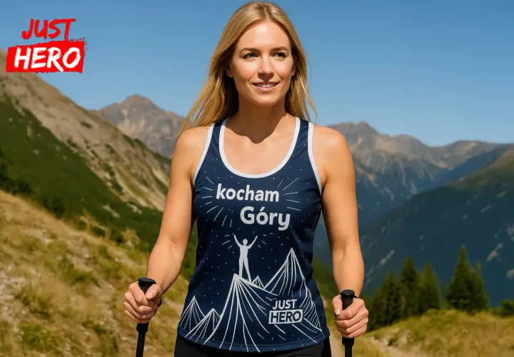 Kobieta w górach w koszulce z napisem "Kocham Góry" i logo marki sportowej "JUST HERO".