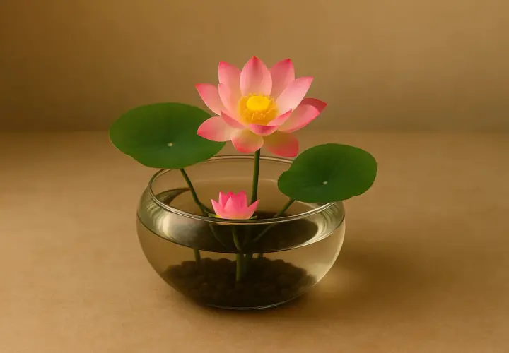 Eine zarte **Lotusblume in der Wohnung**, in einem Glasgefäß mit Wasser und Kieselsteinen, strahlt Ruhe aus.