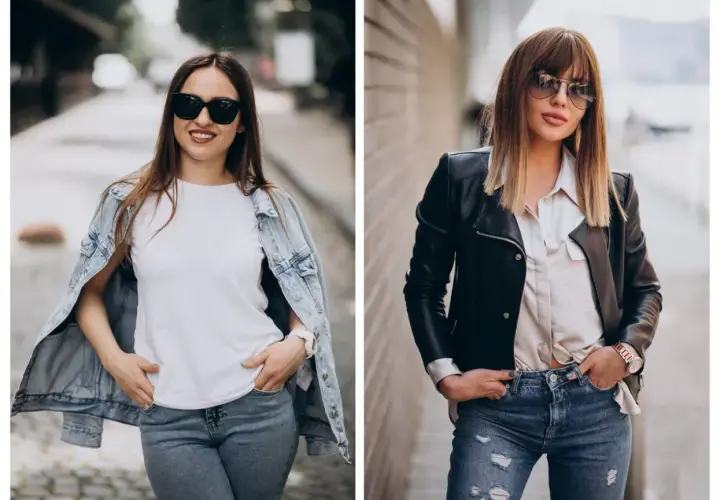 Dwie kobiety prezentują stylizacje: jeansowa kurtka i biały t-shirt lub skórzana ramoneska i elegancka koszula. Idealne, by pokazać jak się ubrać na koncert rockowy.