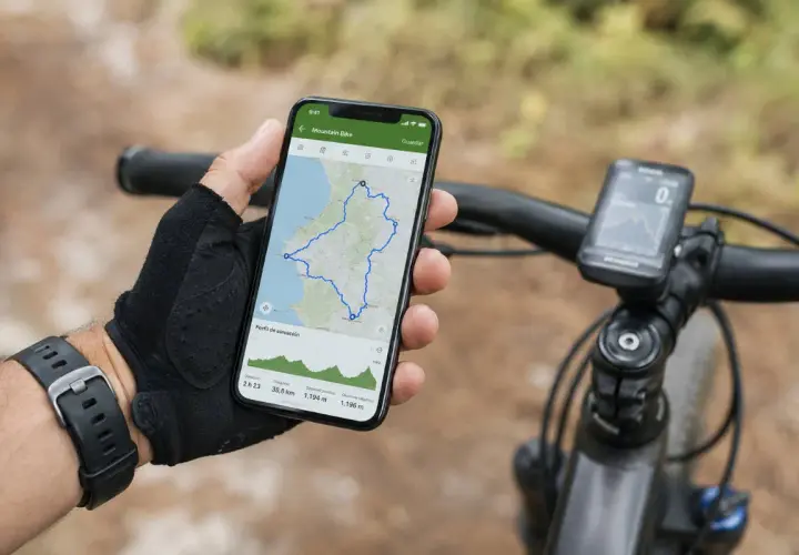 Mano con guante revisa en el móvil una ruta bici con perfil de elevación. Ciclocomputador en manillar.