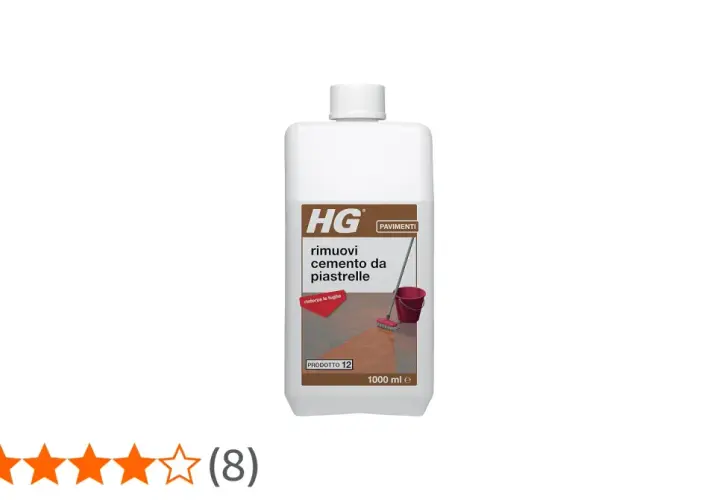 Flacone HG per rimuovere il cemento dalle piastrelle, con immagine di un secchio e scopa.