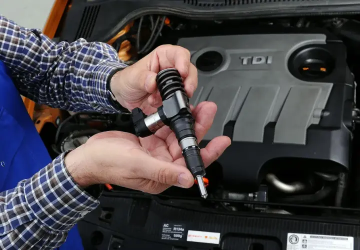 Mechanik trzyma w dłoniach wtryskiwacz, który może być przyczyną objawów uszkodzonego czujnika ciśnienia paliwa diesel.