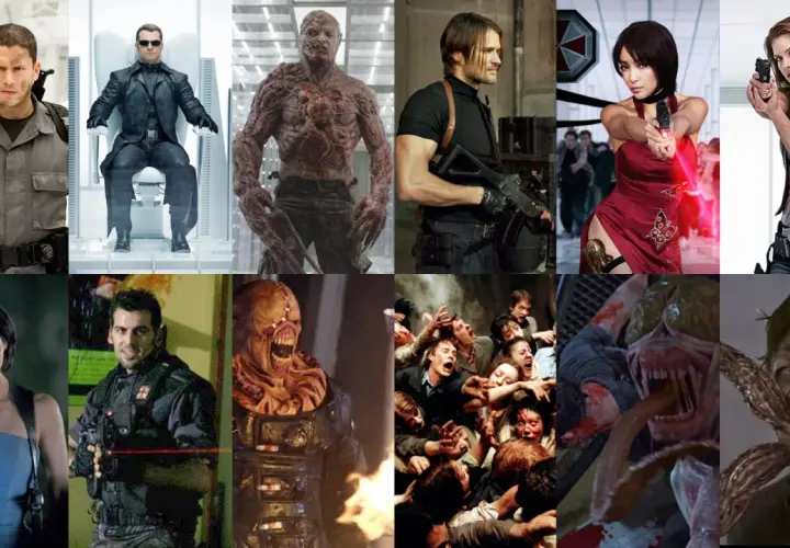 Kompilacja przerażających resident evil postacie: żołnierze, potwory i zombie.