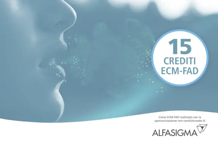 Primo piano di un volto con espirazione di particelle luminose. Cerchio con "15 CREDITI ECM-FAD".