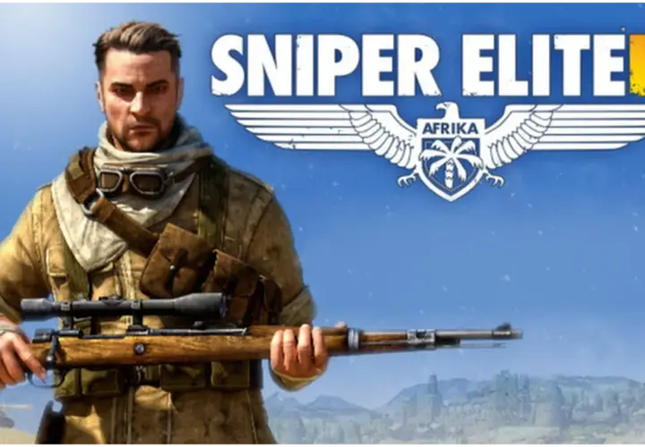 Żołnierz z karabinem na tle pustynnego krajobrazu i logo gry Sniper Elite III. Szukasz spolszczenie?