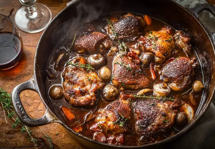 Un plat de coq au vin mijotant dans une cocotte en fonte, avec des morceaux de poulet, des champignons et des carottes. Le vin rouge à côté suggère quel vin pour un coq au vin.