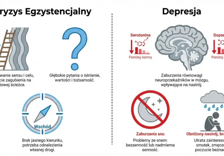 Kryzys egzystencjalny: poszukiwanie sensu życia, zagubienie, pytania o istnienie. Depresja: zaburzenia neuroprzekaźników, snu, obniżony nastrój.