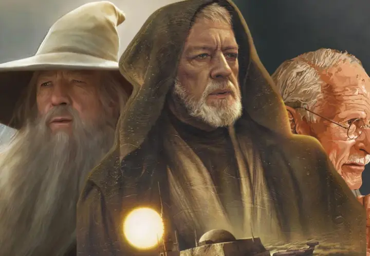 Gandalf, Obi-Wan Kenobi i Dumbledore. Ilustracja pokazuje, jakie są najczęstsze archetypy par w literaturze fantasy i ich dynamika.