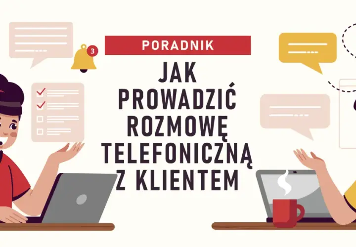 Poradnik: jak podtrzymać rozmowę telefoniczną z klientem. Dwie osoby z zestawami słuchawkowymi przy laptopach, komunikacja.