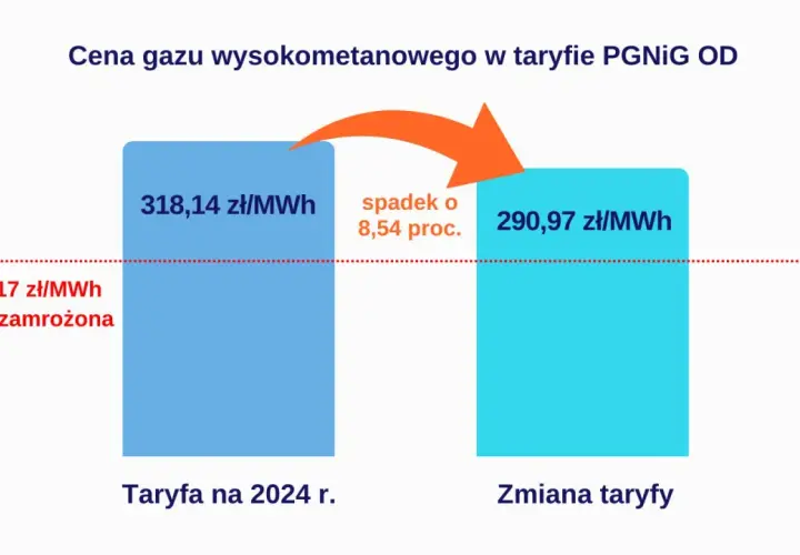 Wykres pokazuje spadek ceny gazu wysokometanowego z 318,14 zł/MWh do 290,97 zł/MWh, co stanowi spadek o 8,54 proc. Cena zamrożona to 200,17 zł/MWh.