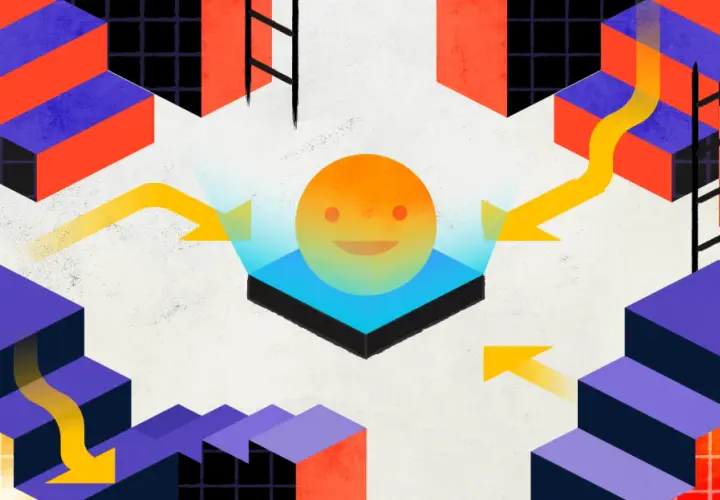 Abstract isometric blocks form a maze. Yellow arrows show a path, some leading down, suggesting a voluntary demotion for a smiling figure.