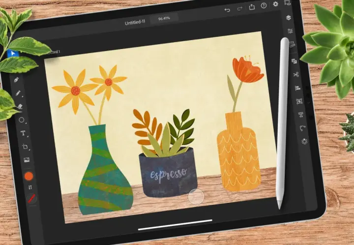 Adobe Illustrator auf dem iPad zeigt eine bunte Illustration von drei Vasen mit Blumen und Pflanzen.
