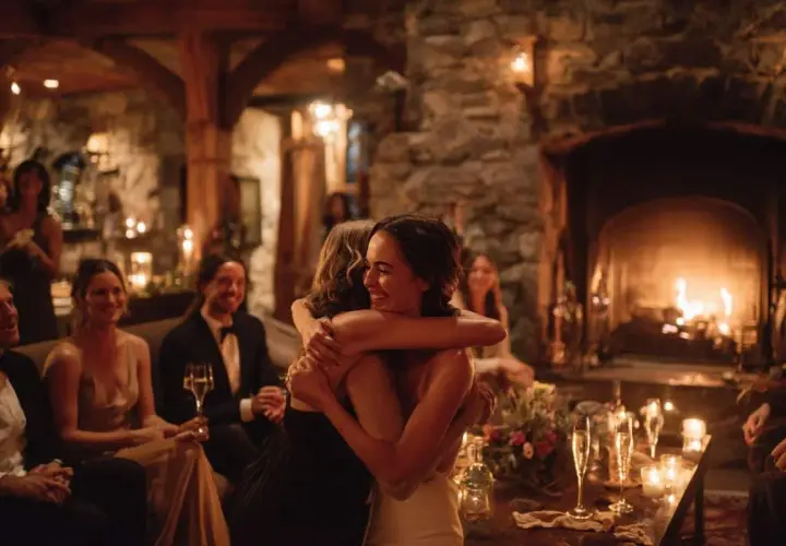Deux femmes s'enlacent joyeusement, entourées d'invités lors d'une réception chaleureuse. L'ambiance intime et les bougies suggèrent qu'elles sont en train d'organiser un petit mariage.
