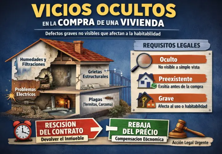 Ilustración sobre vicios ocultos en compraventa de vivienda: humedad, grietas, plagas, problemas eléctricos. Opciones: rescisión o rebaja del precio.