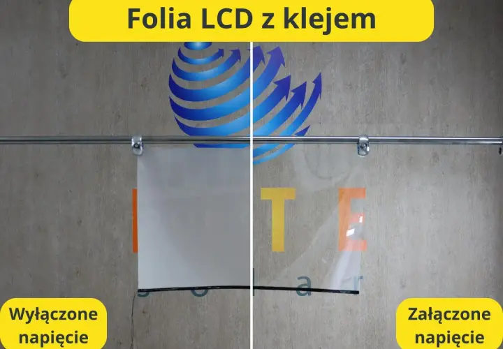 Folia LCD z klejem: wyłączone napięcie - biała, załączone napięcie - przezroczysta, tworząc efekt jak z filmu thriller.