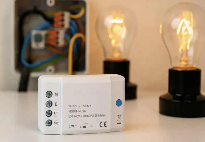 Interruptor Wi-Fi inteligente junto a bombillas encendidas y caja de conexiones.