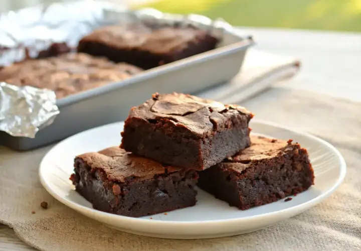 Deliciosos trozos de brownie sin gluten apilados en un plato blanco, con más en un molde al fondo.