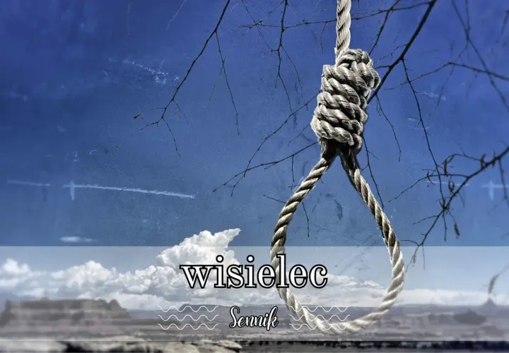 Sznur z pętlą wisi na gałęzi. Pod spodem napis "wisielec sennik".