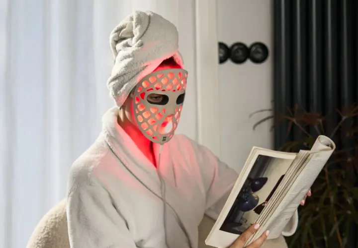 Person med handduk på huvudet och en led mask ansikte läser en bok i en morgonrock.