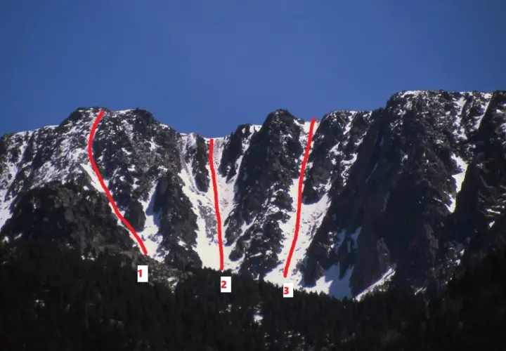 La Muntanya d'Alinyà, con sus laderas nevadas y rocosas, muestra tres rutas marcadas en rojo, numeradas del 1 al 3.