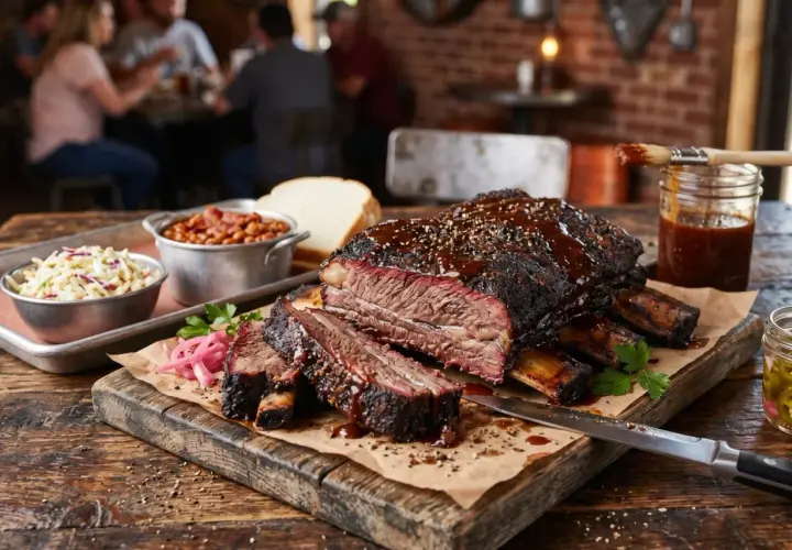 Préparation de ribs savoureuses, nappées de sauce barbecue, accompagnées de haricots, salade et pain. Un festin pour les amateurs de viande.