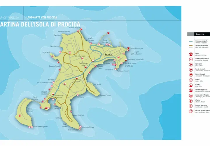 A detailed map of Procida, Italy, showing roads, beaches, lighthouses, and points of interest.