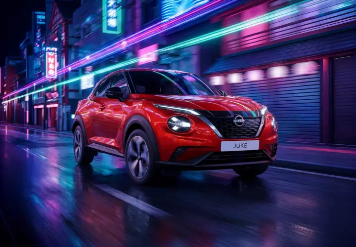 Czerwony Nissan Juke przemierza nocą neonowe miasto, tworząc dynamiczny obraz.