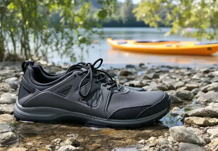 Szare buty sportowe na kamienistej plaży, idealne jako buty na kajaki. W tle żółty kajak na wodzie.