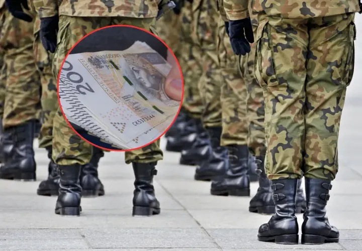 Żołnierze w mundurach stoją w szeregu, a w kółku widać stos banknotów 200 zł. Czy to zapowiedź nowych stopnie wojskowe i podwyżek?