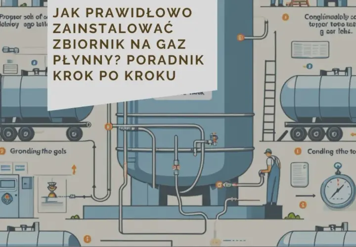 Ilustracja przedstawia schemat budowy instalacji gazowej, z naciskiem na prawidłowy montaż zbiornika na gaz płynny.