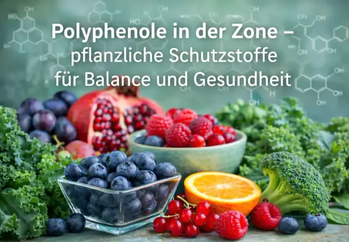 Bunte Früchte und Gemüse, die reich an Polyphenolen sind, pflanzliche Schutzstoffe für Balance und Gesundheit.