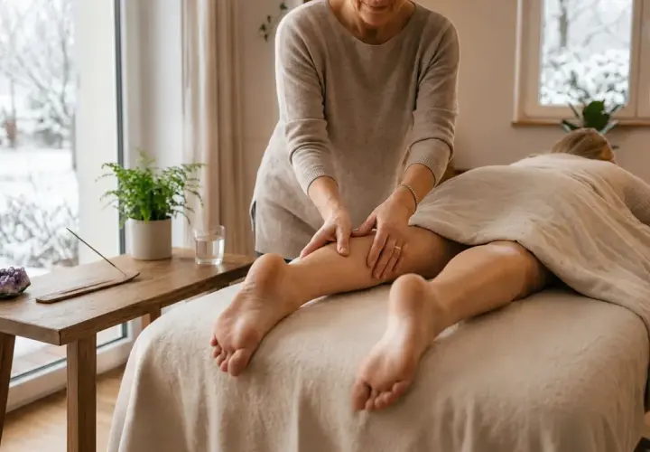 Massage drainant des jambes, stimulant les glandes lymphatiques. Ambiance zen avec une plante et une améthyste.
