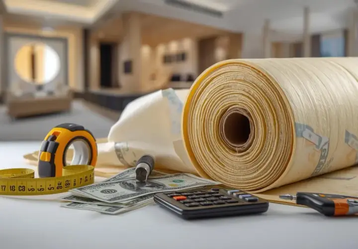 Rolka materiału izolacyjnego, miarka, kalkulator i banknoty. Obliczenia ile kosztuje termoizolacja budynku.