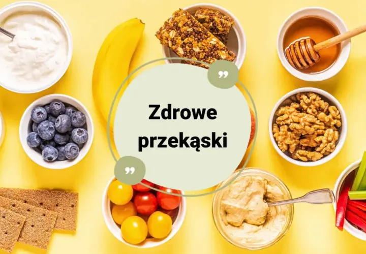 Zdrowe przekąski na diecie: jogurt, jagody, suszone morele, banan, batoniki musli, miód, orzechy, krakersy, pomidorki, hummus, papryka i seler.